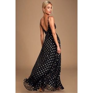 Lulu's NWT Galaxy Lights Black and Gold Polka Dot Sleeveless Maxi Dress size XS